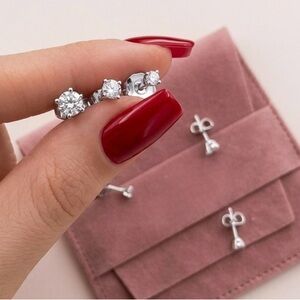 3 Pairs Set: Real Zircon Stud Earrings Platinum Plated Water-Resistant